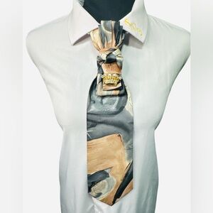 Elegant Gray and Tan Necktie with Gold Crown Brooch